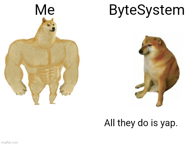 Buff Doge vs. Cheems | Me; ByteSystem; All they do is yap. | image tagged in memes,buff doge vs cheems | made w/ Imgflip meme maker