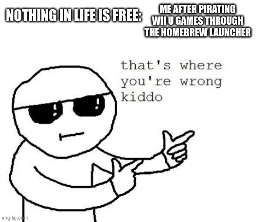 Life is free 100% | ME AFTER PIRATING WII U GAMES THROUGH THE HOMEBREW LAUNCHER; NOTHING IN LIFE IS FREE: | image tagged in that's where you're wrong kiddo,wii u | made w/ Imgflip meme maker