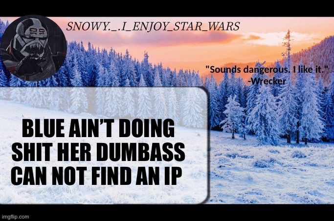 Bish prolly doesn’t even know her own ip | BLUE AIN’T DOING SHIT HER DUMBASS CAN NOT FIND AN IP | image tagged in snow _ i_enjoy_star_wars announcement temp thx darthswede | made w/ Imgflip meme maker