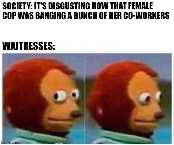 Monkey Puppet Meme | SOCIETY: IT'S DISGUSTING HOW THAT FEMALE COP WAS BANGING A BUNCH OF HER CO-WORKERS; WAITRESSES: | image tagged in memes,monkey puppet,funny | made w/ Imgflip meme maker