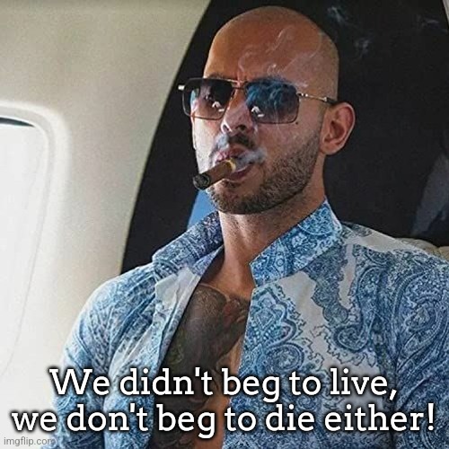 Andrew Tate smoking cigar | We didn't beg to live, we don't beg to die either! | image tagged in andrew tate smoking cigar | made w/ Imgflip meme maker