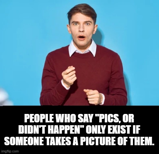 PEOPLE WHO SAY "PICS, OR DIDN'T HAPPEN" ONLY EXIST IF SOMEONE TAKES A PICTURE OF THEM. | image tagged in ad hominem | made w/ Imgflip meme maker