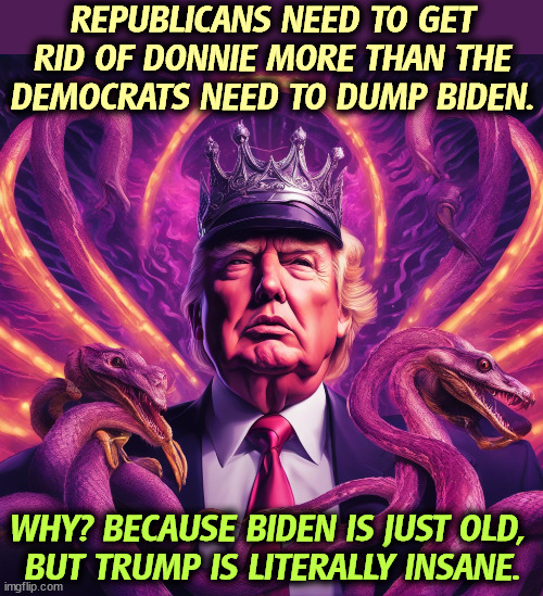 REPUBLICANS NEED TO GET RID OF DONNIE MORE THAN THE DEMOCRATS NEED TO DUMP BIDEN. WHY? BECAUSE BIDEN IS JUST OLD, 

BUT TRUMP IS LITERALLY INSANE. | image tagged in biden,old,trump,insane,deranged,bananas | made w/ Imgflip meme maker