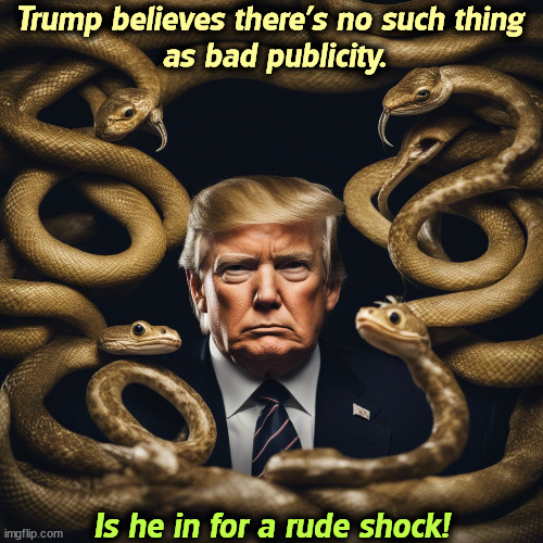 Oh, yes there is. | Trump believes there's no such thing 
as bad publicity. Is he in for a rude shock! | image tagged in trump,bad,publicity,snakes | made w/ Imgflip meme maker