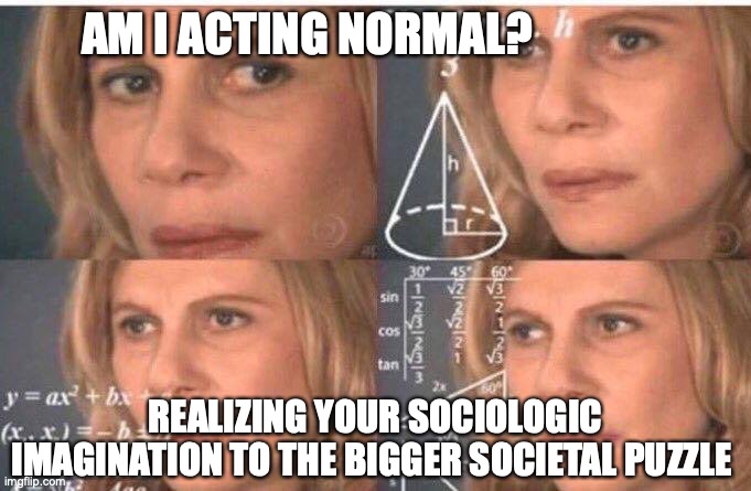 Math lady/Confused lady | AM I ACTING NORMAL? REALIZING YOUR SOCIOLOGIC IMAGINATION TO THE BIGGER SOCIETAL PUZZLE | image tagged in math lady/confused lady | made w/ Imgflip meme maker