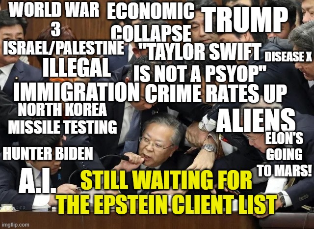 Still Waiting | WORLD WAR 
3; ECONOMIC COLLAPSE; TRUMP; ISRAEL/PALESTINE; ILLEGAL IMMIGRATION; "TAYLOR SWIFT IS NOT A PSYOP"; DISEASE X; CRIME RATES UP; ALIENS; NORTH KOREA MISSILE TESTING; ELON'S GOING TO MARS! HUNTER BIDEN; A.I. STILL WAITING FOR THE EPSTEIN CLIENT LIST | image tagged in would | made w/ Imgflip meme maker