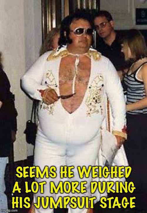 Fat elvis | SEEMS HE WEIGHED A LOT MORE DURING HIS JUMPSUIT STAGE | image tagged in fat elvis | made w/ Imgflip meme maker