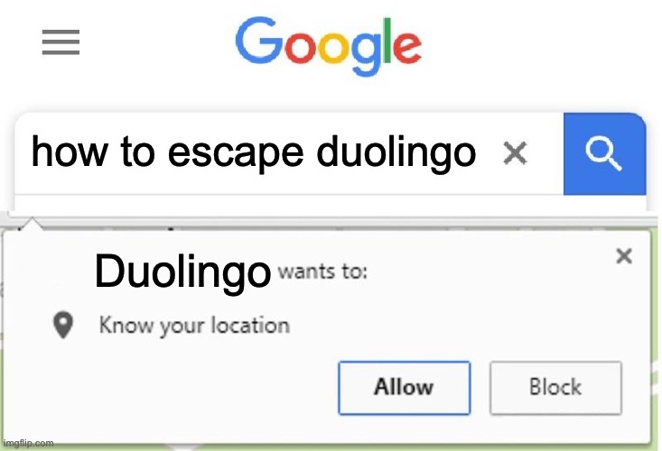 Wants to know your location | how to escape duolingo; Duolingo | image tagged in wants to know your location | made w/ Imgflip meme maker