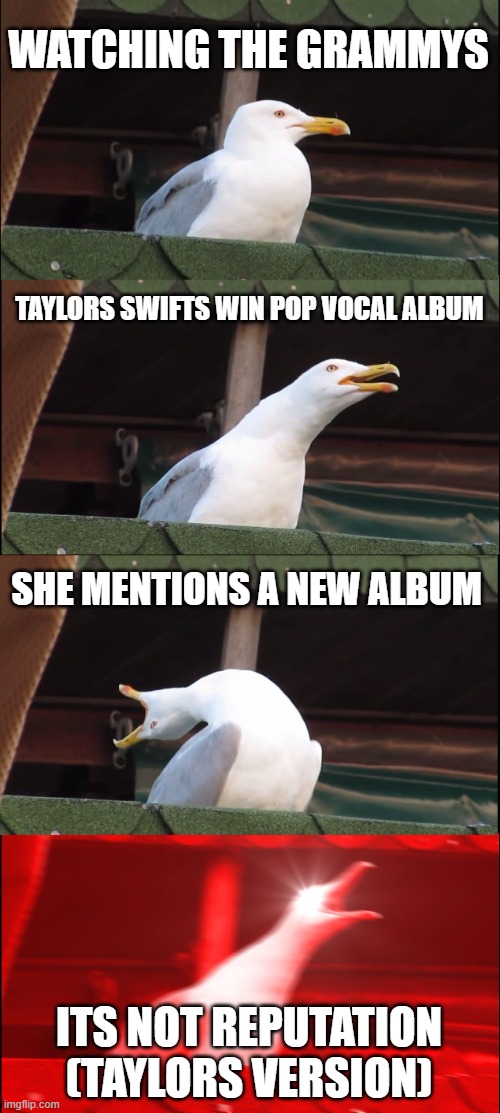 Its not reputation taylors Version Inhaling | WATCHING THE GRAMMYS; TAYLORS SWIFTS WIN POP VOCAL ALBUM; SHE MENTIONS A NEW ALBUM; ITS NOT REPUTATION (TAYLORS VERSION) | image tagged in memes,inhaling seagull,reputation,taylor swift | made w/ Imgflip meme maker