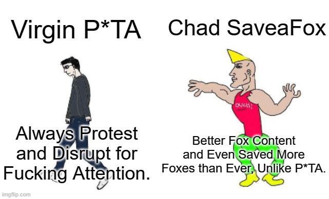 Foxes nay be my Favorite Animal, but PETA Still Sucks. | Chad SaveaFox; Virgin P*TA; Always Protest and Disrupt for Fucking Attention. Better Fox Content and Even Saved More Foxes than Ever, Unlike P*TA. | image tagged in virgin vs chad,fox,saveafox,peta sucks | made w/ Imgflip meme maker