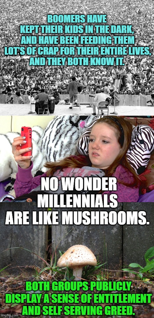 Okay BOOMER LEGACY left to their own Progeny | BOOMERS HAVE 
KEPT THEIR KIDS IN THE DARK, 
AND HAVE BEEN FEEDING THEM
 LOT'S OF CRAP FOR THEIR ENTIRE LIVES, 
AND THEY BOTH KNOW IT. NO WONDER
MILLENNIALS 
ARE LIKE MUSHROOMS. BOTH GROUPS PUBLICLY DISPLAY A SENSE OF ENTITLEMENT AND SELF SERVING GREED. | image tagged in woodstock,lazy millennials,mushroom,ok boomer,boomer humor millennial humor gen-z humor,democratic socialism | made w/ Imgflip meme maker