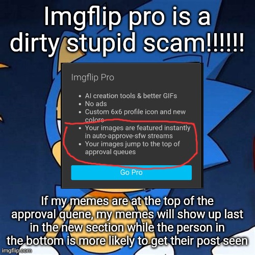 bruh | Imgflip pro is a dirty stupid scam!!!!!! If my memes are at the top of the approval quene, my memes will show up last in the new section while the person in the bottom is more likely to get their post seen | image tagged in bruh | made w/ Imgflip meme maker