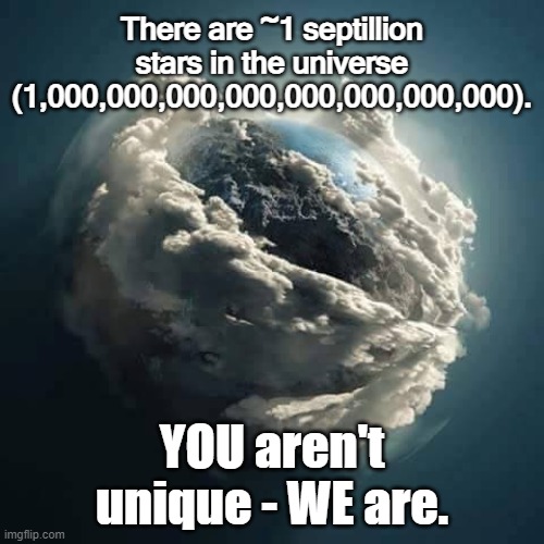 One in Septillion | There are ~1 septillion stars in the universe (1,000,000,000,000,000,000,000,000). YOU aren't unique - WE are. | image tagged in save the earth | made w/ Imgflip meme maker