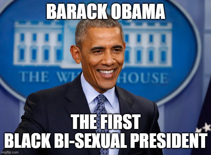BiBack Obama | BARACK OBAMA; THE FIRST
BLACK BI-SEXUAL PRESIDENT | image tagged in barack obama,obama,president obama,bisexual,brokeback mountain,gay | made w/ Imgflip meme maker