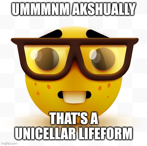Nerd emoji | UMMMNM AKSHUALLY THAT'S A UNICELLAR LIFEFORM | image tagged in nerd emoji | made w/ Imgflip meme maker