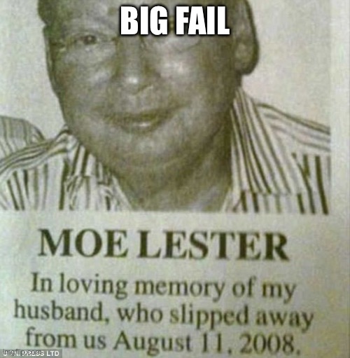 Moe Lester | BIG FAIL | image tagged in moe lester,memes,funny,big fail,failed | made w/ Imgflip meme maker
