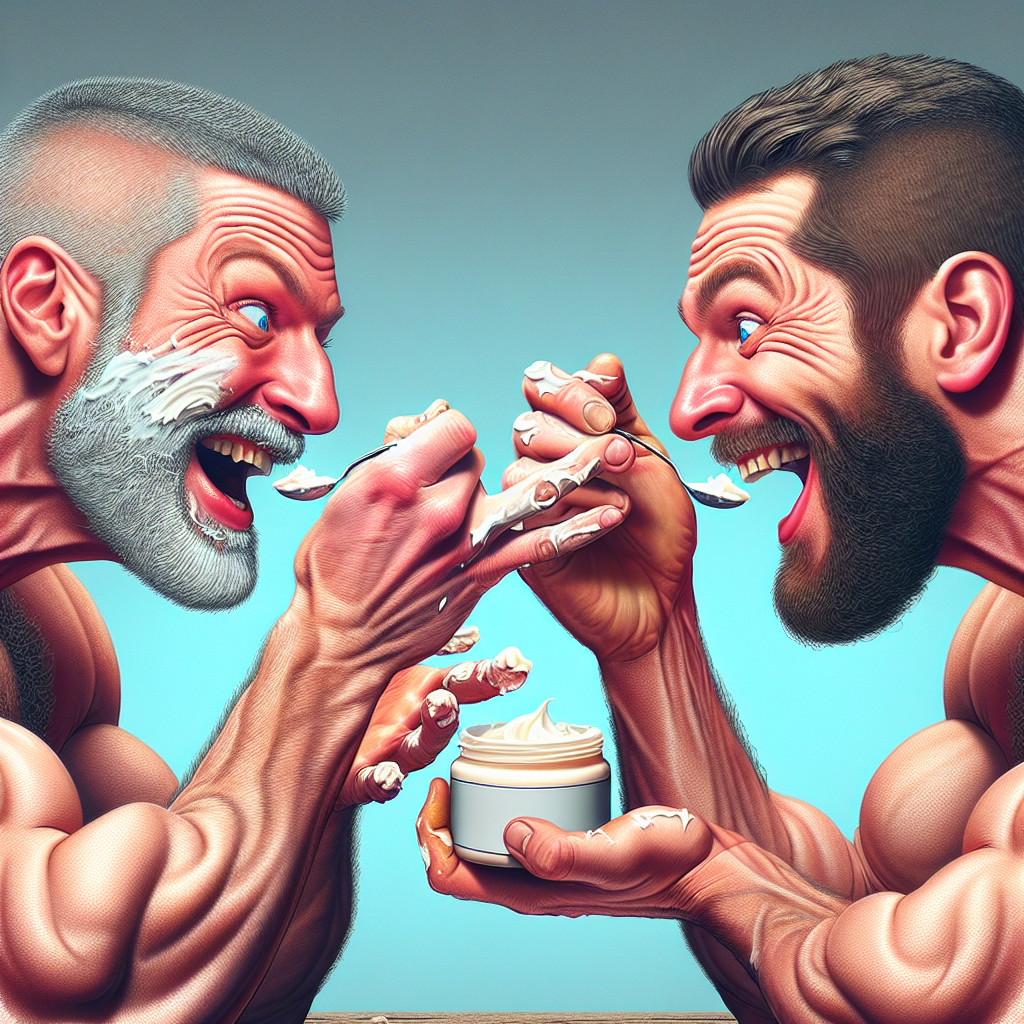 two muscular caucasian men eating hand cream, gives each other h Blank Meme Template