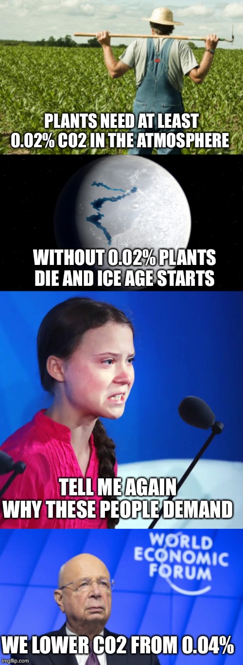 Plants and the planet need more than 0.02% CO2. It’s at .04%. Why make it less? | PLANTS NEED AT LEAST 0.02% CO2 IN THE ATMOSPHERE; WITHOUT 0.02% PLANTS DIE AND ICE AGE STARTS; TELL ME AGAIN WHY THESE PEOPLE DEMAND; WE LOWER CO2 FROM 0.04% | image tagged in farmer,ice age earth,ecofascist greta thunberg,klaus schwab wef blue banner,co2 | made w/ Imgflip meme maker