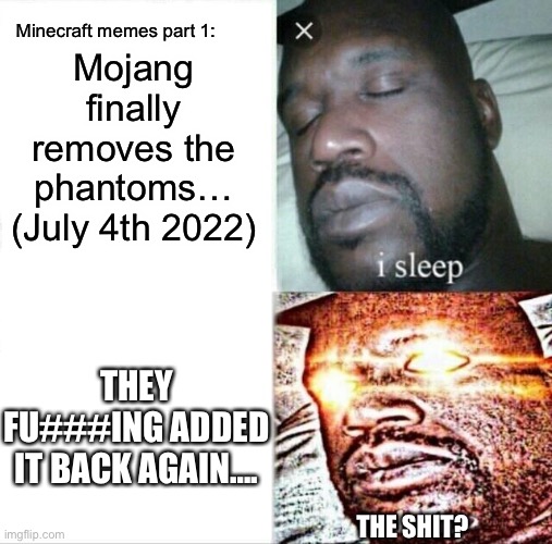Me when they remove the worst mob in Minecraft… BUT THEY ADD IT BACK…. | Minecraft memes part 1:; Mojang finally removes the phantoms… (July 4th 2022); THEY FU###ING ADDED IT BACK AGAIN…. THE SHIT? | image tagged in memes,sleeping shaq | made w/ Imgflip meme maker