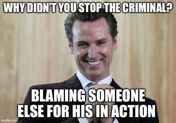 Governor a hole | WHY DIDN’T YOU STOP THE CRIMINAL? BLAMING SOMEONE ELSE FOR HIS IN ACTION | image tagged in scheming gavin newsom,libtard | made w/ Imgflip meme maker