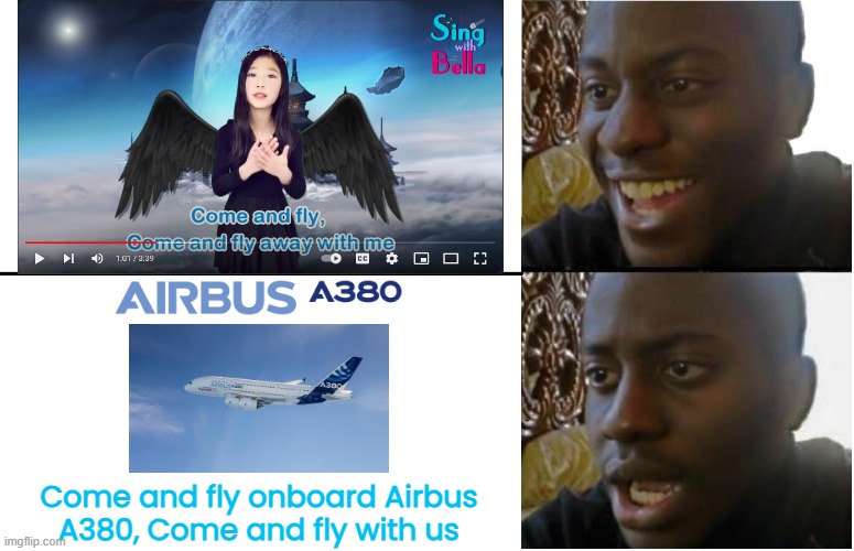 Come & fly away but it changed to an Airbus A380 | Come and fly onboard Airbus A380, Come and fly with us | image tagged in disappointed black guy | made w/ Imgflip meme maker