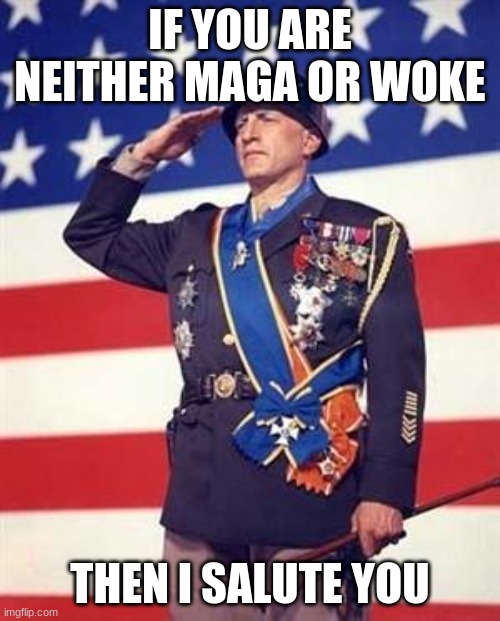 Patton salutes you. | IF YOU ARE NEITHER MAGA OR WOKE; THEN I SALUTE YOU | image tagged in patton salutes you,patton,politics,memes,dank memes,oh wow are you actually reading these tags | made w/ Imgflip meme maker