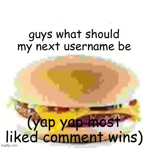 hamburger | guys what should my next username be; (yap yap most liked comment wins) | image tagged in hamburger | made w/ Imgflip meme maker