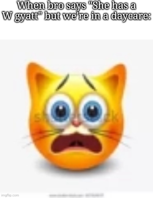 cat stock emoji scared | When bro says "She has a W gyatt" but we're in a daycare: | image tagged in cat stock emoji scared,memes,slang | made w/ Imgflip meme maker