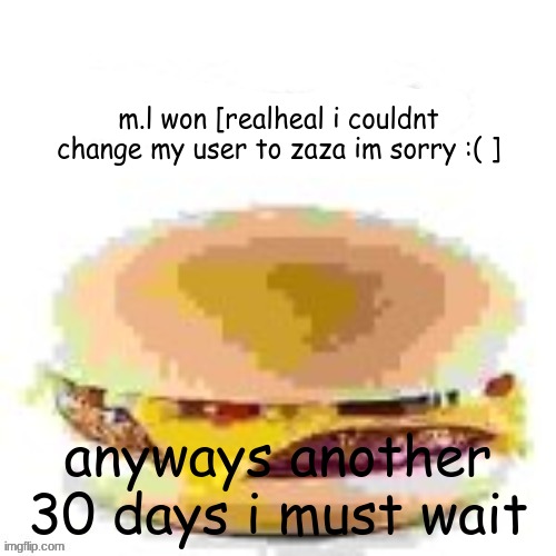 hamburger | m.l won [realheal i couldnt change my user to zaza im sorry :( ]; anyways another 30 days i must wait | image tagged in hamburger | made w/ Imgflip meme maker