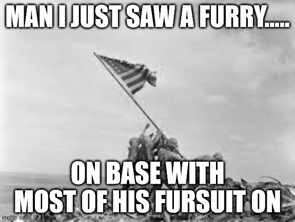 the rest was his dress blues | MAN I JUST SAW A FURRY..... ON BASE WITH MOST OF HIS FURSUIT ON | image tagged in raising the flag | made w/ Imgflip meme maker