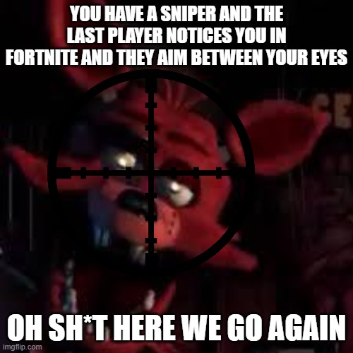 fox get sniped | YOU HAVE A SNIPER AND THE LAST PLAYER NOTICES YOU IN FORTNITE AND THEY AIM BETWEEN YOUR EYES; OH SH*T HERE WE GO AGAIN | image tagged in fnaf | made w/ Imgflip meme maker