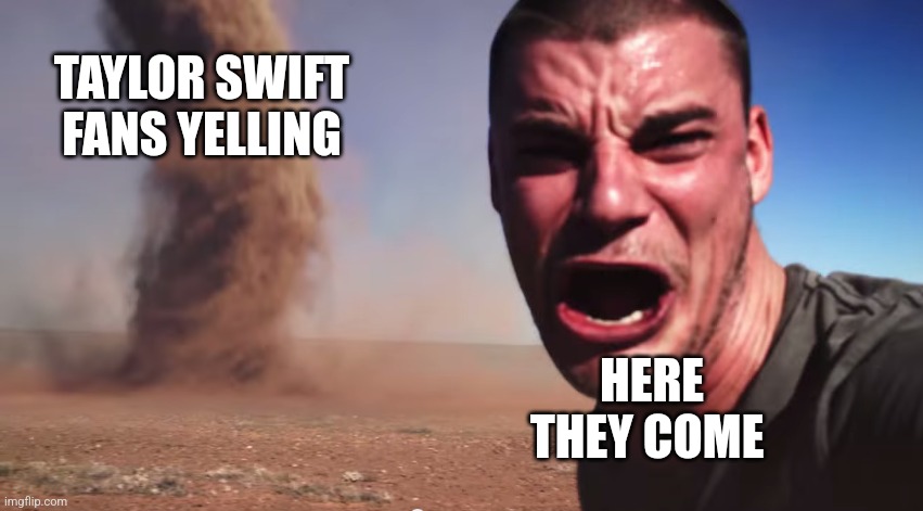 I hate her music | TAYLOR SWIFT FANS YELLING; HERE THEY COME | image tagged in here it comes | made w/ Imgflip meme maker