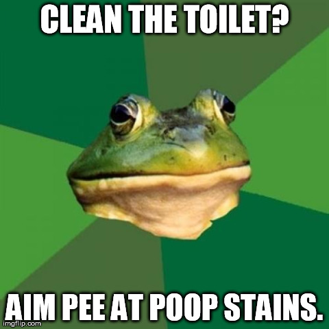 Foul Bachelor Frog Meme | CLEAN THE TOILET? AIM PEE AT POOP STAINS. | image tagged in memes,foul bachelor frog,AdviceAnimals | made w/ Imgflip meme maker