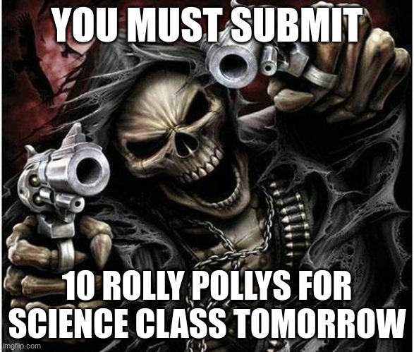 Submit them | YOU MUST SUBMIT; 10 ROLLY POLLYS FOR SCIENCE CLASS TOMORROW | image tagged in badass skeleton | made w/ Imgflip meme maker