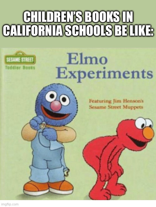 Elmo Experiments | CHILDREN’S BOOKS IN CALIFORNIA SCHOOLS BE LIKE: | image tagged in elmo experiments | made w/ Imgflip meme maker