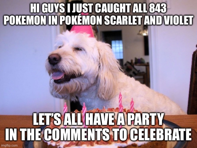 Dogs birthday | HI GUYS I JUST CAUGHT ALL 843 POKEMON IN POKÉMON SCARLET AND VIOLET; LET’S ALL HAVE A PARTY IN THE COMMENTS TO CELEBRATE | image tagged in dogs birthday,pokemon,celebration,pokedex | made w/ Imgflip meme maker