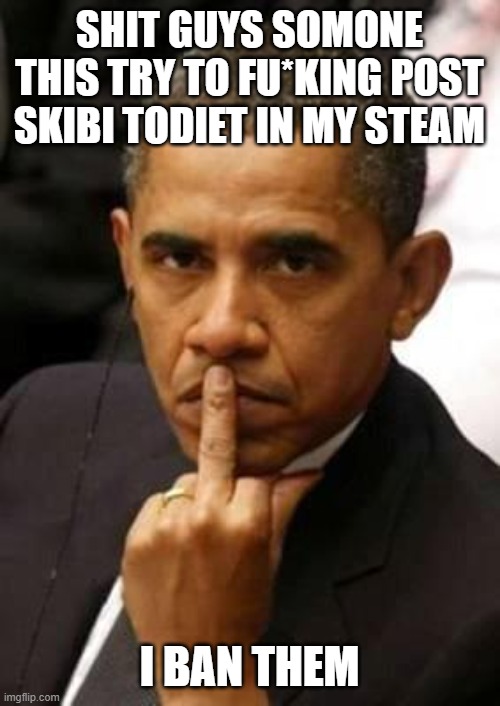 i think they back | SHIT GUYS SOMONE THIS TRY TO FU*KING POST SKIBI TODIET IN MY STEAM; I BAN THEM | image tagged in obama middle finger | made w/ Imgflip meme maker