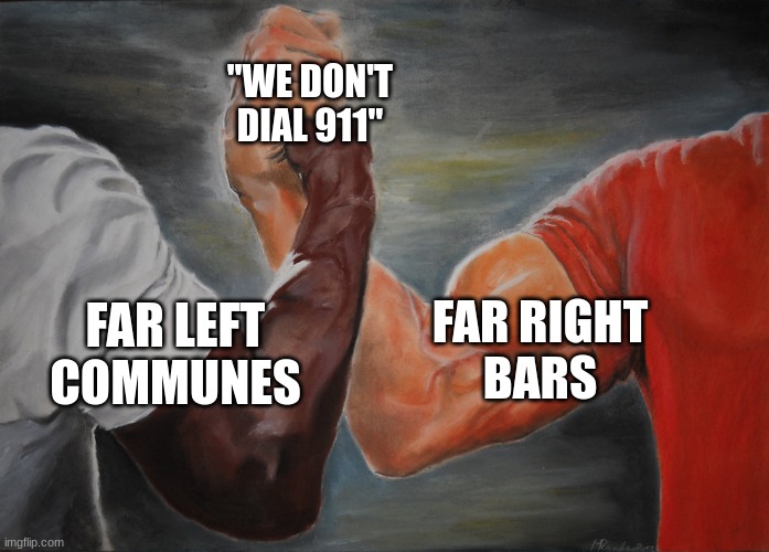 Hand clasping | "WE DON'T DIAL 911"; FAR RIGHT
BARS; FAR LEFT
COMMUNES | image tagged in hand clasping | made w/ Imgflip meme maker