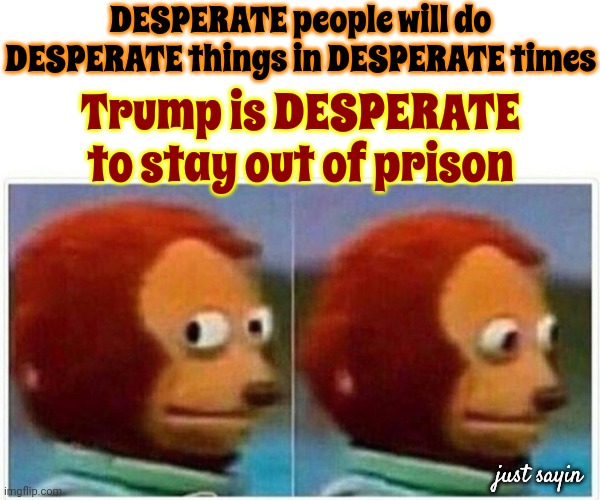 We Haven't Even Started The "Rough Ride" Portion Of Maga's Program | DESPERATE people will do DESPERATE things in DESPERATE times; Trump is DESPERATE to stay out of prison; just sayin | image tagged in memes,monkey puppet,scumbag maga,scumbag trump,trump unfit unqualified dangerous,lock him up | made w/ Imgflip meme maker
