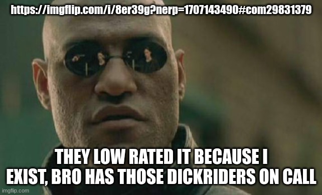 Matrix Morpheus | https://imgflip.com/i/8er39g?nerp=1707143490#com29831379; THEY LOW RATED IT BECAUSE I EXIST, BRO HAS THOSE DICKRIDERS ON CALL | image tagged in memes,matrix morpheus | made w/ Imgflip meme maker