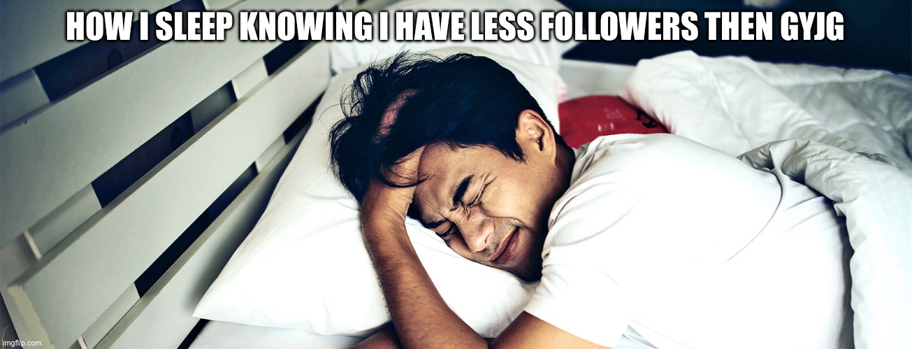 bad sleep | HOW I SLEEP KNOWING I HAVE LESS FOLLOWERS THEN GYJG | image tagged in bad sleep | made w/ Imgflip meme maker