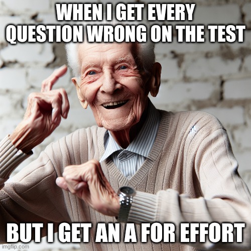 my life story | WHEN I GET EVERY QUESTION WRONG ON THE TEST; BUT I GET AN A FOR EFFORT | image tagged in school,tests | made w/ Imgflip meme maker
