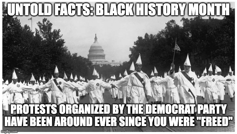 Black History Month True Facts | UNTOLD FACTS: BLACK HISTORY MONTH; PROTESTS ORGANIZED BY THE DEMOCRAT PARTY HAVE BEEN AROUND EVER SINCE YOU WERE "FREED" | image tagged in kkk washington,kkk,black history | made w/ Imgflip meme maker
