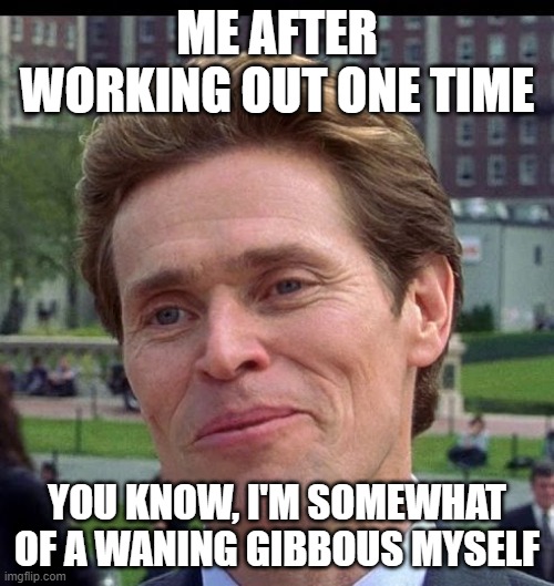 you know, im somewhat of a scientist myself | ME AFTER WORKING OUT ONE TIME; YOU KNOW, I'M SOMEWHAT OF A WANING GIBBOUS MYSELF | image tagged in you know im somewhat of a scientist myself | made w/ Imgflip meme maker