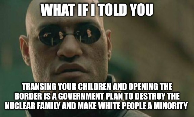 Anti whiteism and queering the population is their plan. | WHAT IF I TOLD YOU; TRANSING YOUR CHILDREN AND OPENING THE BORDER IS A GOVERNMENT PLAN TO DESTROY THE NUCLEAR FAMILY AND MAKE WHITE PEOPLE A MINORITY | image tagged in memes,matrix morpheus | made w/ Imgflip meme maker