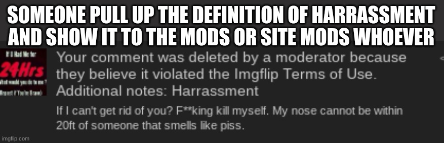 SOMEONE PULL UP THE DEFINITION OF HARRASSMENT AND SHOW IT TO THE MODS OR SITE MODS WHOEVER | made w/ Imgflip meme maker