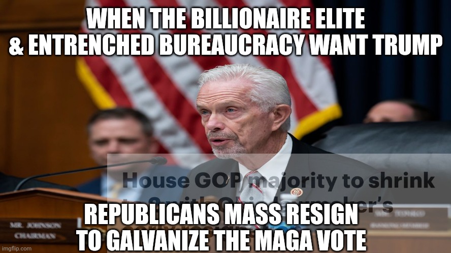 WHEN THE BILLIONAIRE ELITE & ENTRENCHED BUREAUCRACY WANT TRUMP; REPUBLICANS MASS RESIGN TO GALVANIZE THE MAGA VOTE | image tagged in politics,based,political,games | made w/ Imgflip meme maker