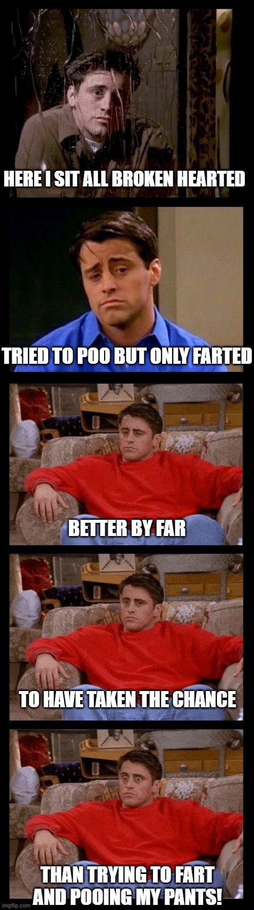 Good call, Joey | HERE I SIT ALL BROKEN HEARTED; TRIED TO POO BUT ONLY FARTED; BETTER BY FAR; TO HAVE TAKEN THE CHANCE; THAN TRYING TO FART AND POOING MY PANTS! | image tagged in friends,joey,joey from friends,poop,farting,deep thoughts | made w/ Imgflip meme maker