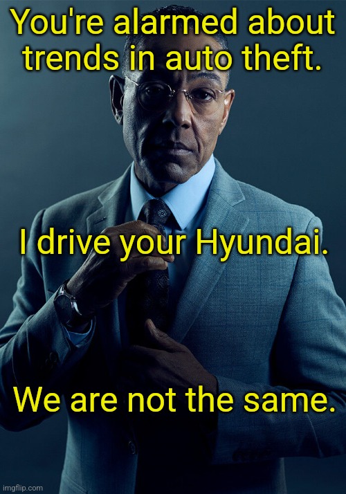 Gus Fring we are not the same | You're alarmed about trends in auto theft. I drive your Hyundai. We are not the same. | image tagged in gus fring we are not the same | made w/ Imgflip meme maker
