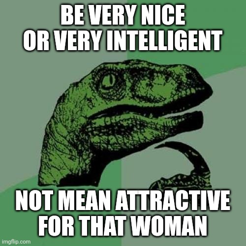 Attractive | BE VERY NICE OR VERY INTELLIGENT; NOT MEAN ATTRACTIVE FOR THAT WOMAN | image tagged in memes,philosoraptor | made w/ Imgflip meme maker